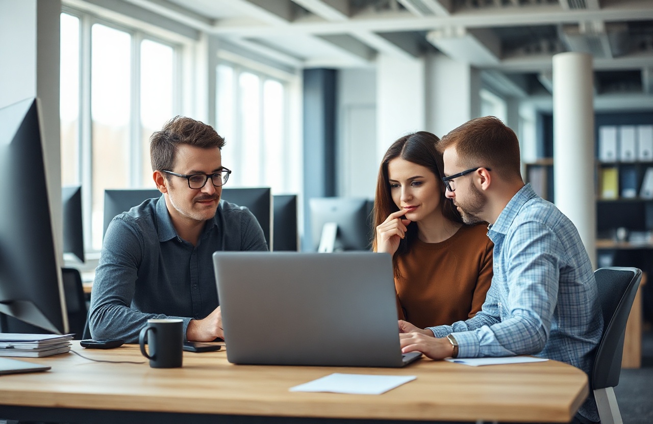 Documentary photo of a small IT security team meeting in a modern open-plan office in Poland